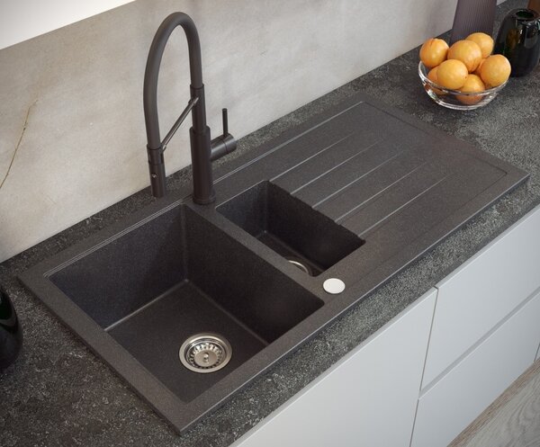 Černý 1,5 komorový kuchyňský granitový dřez QUADRON BRUCE 156 bez baterie