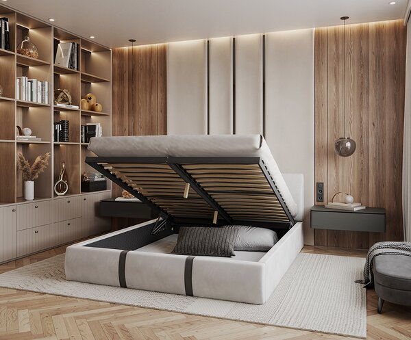 Čalouněná postel PLATINUM bílá šedá 140x200 Trinity s dřevěným roštem