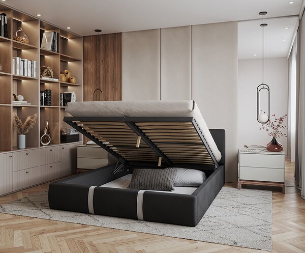 Čalouněná postel PLATINUM černá bílá 140x200 Trinity s dřevěným roštem