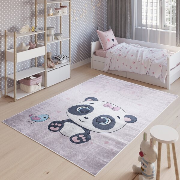 Makro Abra Dětský kusový koberec vhodný k praní BAMBINO 2743 Medvídek Ptáček protiskluzový fialový Rozměr: 80x150 cm