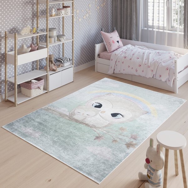 Makro Abra Dětský kusový koberec vhodný k praní BAMBINO 2316 Sovičky protiskluzový modrý Rozměr: 80x150 cm