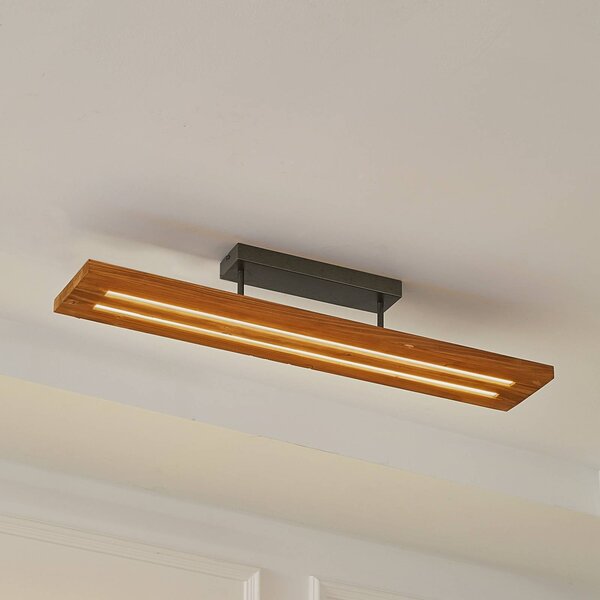 Lindby LED stropní svítidlo Nesaja, černé, dřevo, 98 cm, stmívatelné, stmívatelný, Světlé dřevo, Obývací pokoj / jídelna, Dřevo, Venkovský / rustikální