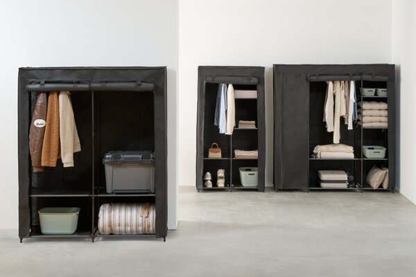 Textilní šatní skříň DRESSY dvojitá se 2 policemi, 155 x 45 x 165 cm - černý