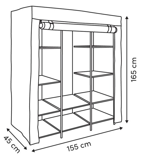 Textilní šatní skříň DRESSY dvojitá se 2 policemi, 155 x 45 x 165 cm - černý