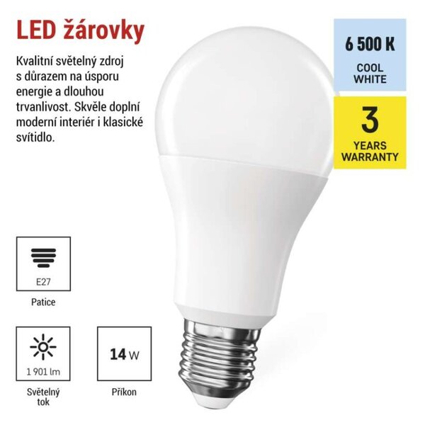 EMOS LED žárovka Classic A60 / E27 / 14 W (120 W) / 1901 lm / studená bílá 1525733128