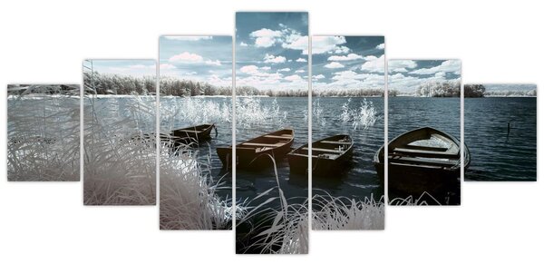 Obraz - Dřevěné loďky na jezeru (210x100 cm)