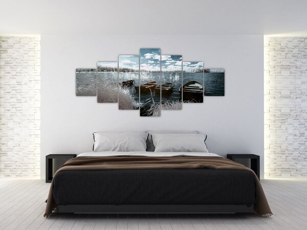 Obraz - Dřevěné loďky na jezeru (210x100 cm)