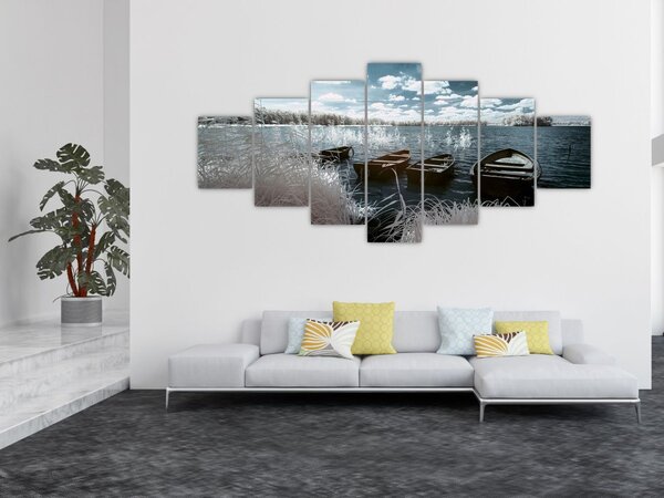 Obraz - Dřevěné loďky na jezeru (210x100 cm)