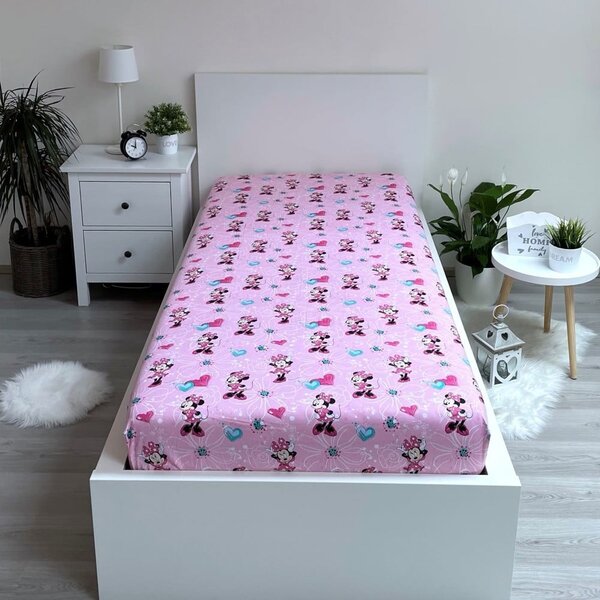 Růžové napínací bavlněné dětské prostěradlo 90x200 cm Minnie "Flowers" – Jerry Fabrics