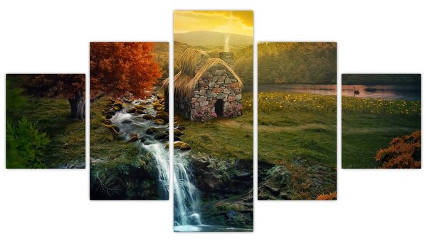 Obraz chalupky v pohádkové krajině (125x70 cm)