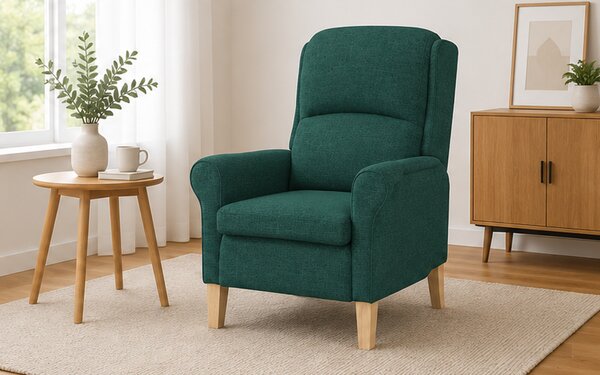 Křeslo relaxační, odpočinkové, ušák, dřevo/textil, 101x95x75 cm, přírodní/tmavě zelená, Dekorino KR20260038