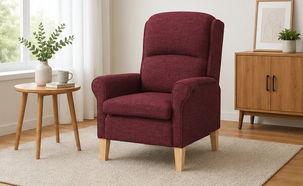 Křeslo relaxační, odpočinkové, ušák, dřevo/textil, 101x95x75 cm, přírodní/vínová, Dekorino KR20260037