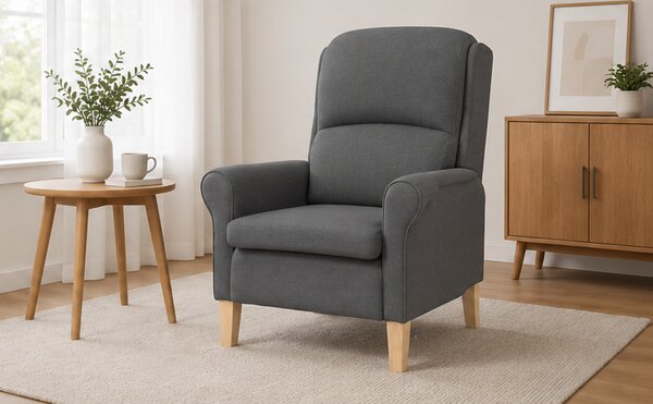 Křeslo relaxační, odpočinkové, ušák, dřevo/textil, 101x95x75 cm, přírodní/tmavě šedá, Dekorino KR20260035