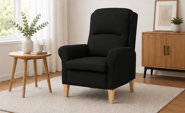Křeslo relaxační, odpočinkové, ušák, dřevo/textil, 101x95x75 cm, přírodní/černá, Dekorino KR20260036