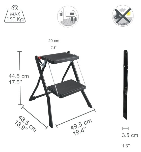 MSV skládací schůdky, 2 stupně, matně černé, ocel, 44,5 cm