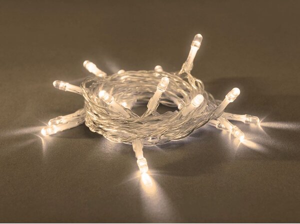 Vnitřní vánoční LED řetěz na baterie - teplá bílá, 3,5m, 35 LED, průhledný kabel