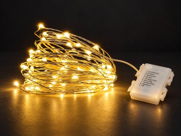 Venkovní vánoční mikro řetěz na baterie, teplá bílá, 10m, 100 LED, 8 programů