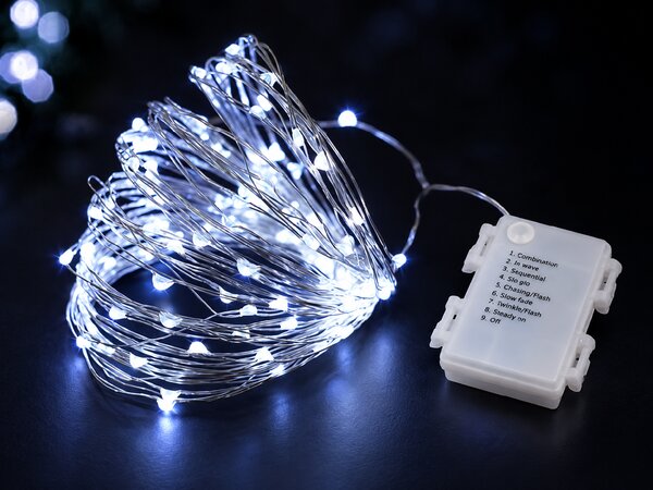 Venkovní vánoční mikro řetěz na baterie, studená bílá, 10m, 100 LED, 8 programů