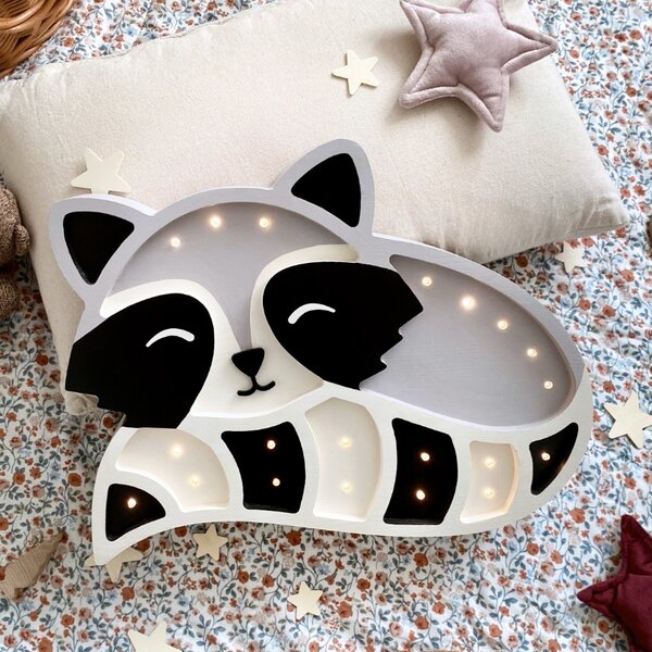 Peekaboo Šedá dřevěná dětská LED lampa Mýval 37 cm
