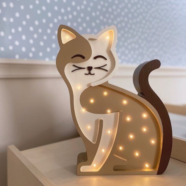 Peekaboo Béžová dřevěná dětská LED lampa Kočka 37 cm