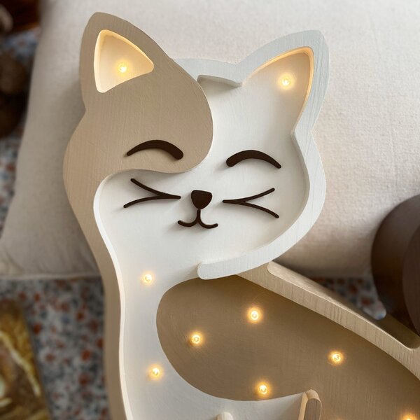 Peekaboo Béžová dřevěná dětská LED lampa Kočka 37 cm