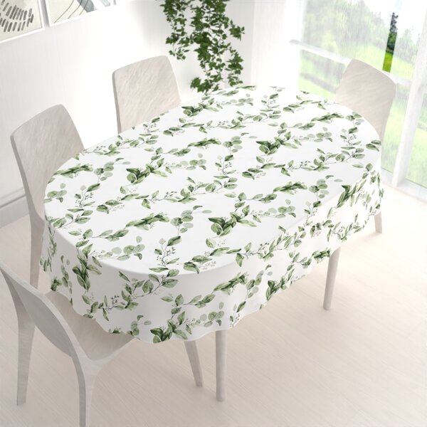 Biante Bavlněný oválný ubrus Sandra SA-422 Zelené listy na bílém 50x100 cm