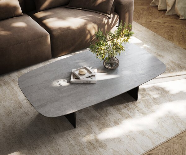 DELIFE Konferenční stolek Edge oválný tvar 140×80 cm keramika beton šedá Salto kov černá