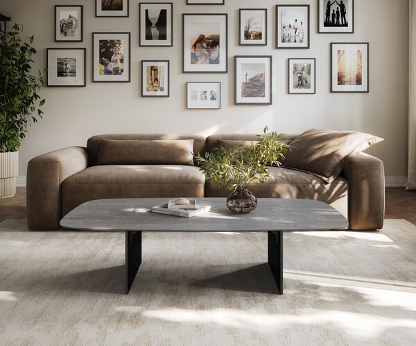 DELIFE Konferenční stolek Edge oválný tvar 140×80 cm keramika beton šedá Salto kov černá