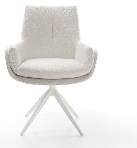 DELIFE Jídelní židle Clea-Flex bouclé krémová-bílá křížová podnož široká bílá 360° otočná houpací funkce