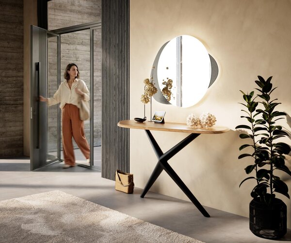 DELIFE Konzolový stůl Nagaru 145×65 cm polygonální akácie Aura kov černá