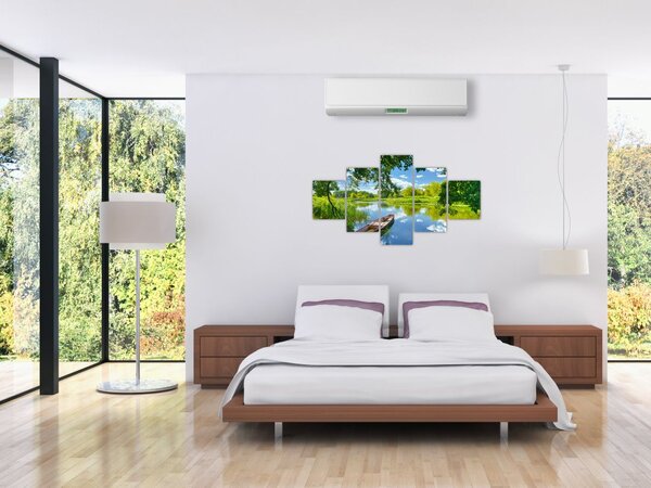 Obraz letní řeky s loďkou (125x70 cm)