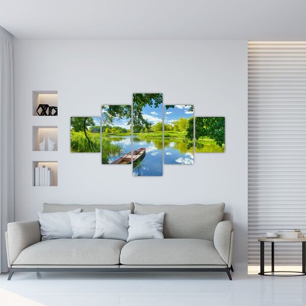Obraz letní řeky s loďkou (125x70 cm)