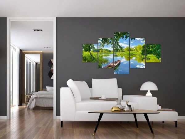 Obraz letní řeky s loďkou (125x70 cm)