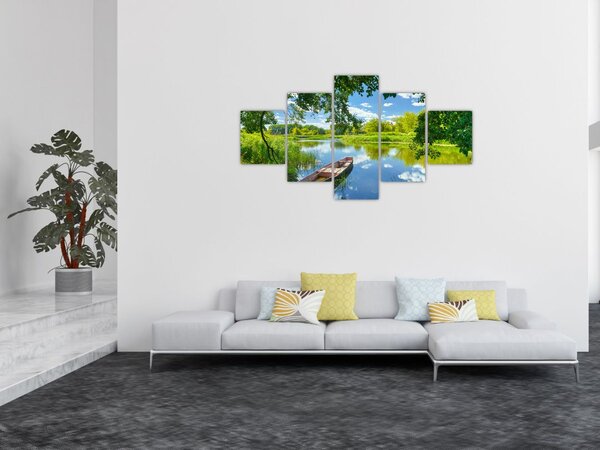 Obraz letní řeky s loďkou (125x70 cm)