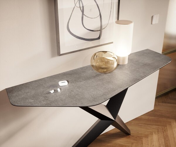 DELIFE Konzolový stůl Edge polygonální 140×50 cm keramika beton šedá Zentharo kov černá
