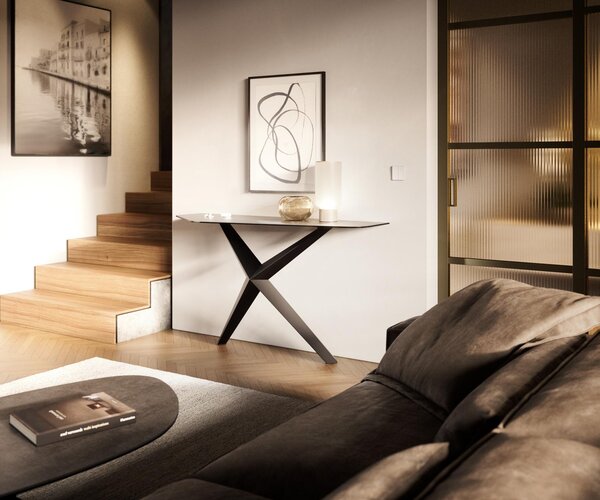 DELIFE Konzolový stůl Edge polygonální 140×50 cm keramika beton šedá Zentharo kov černá