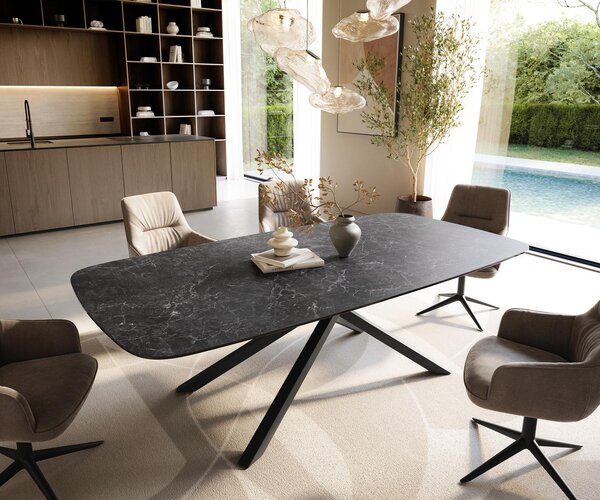 DELIFE Jídelní stůl Edge oválný tvar 240×120 cm keramika Laminam® Nero Greco antracitová křížová podnož černá