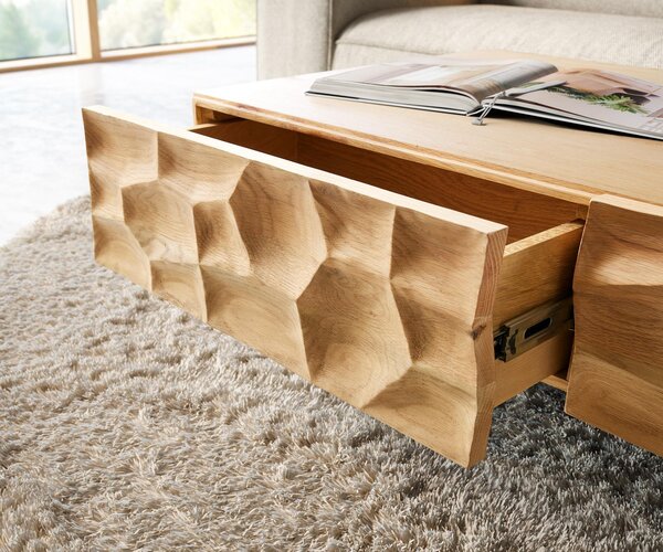 DELIFE Konferenční stolek Solu 120x70 cm dub přírodní 4 zásuvky závěsná podnož kov černá 3D čelo