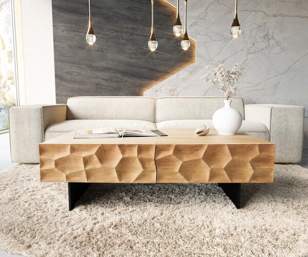 DELIFE Konferenční stolek Solu 120x70 cm dub přírodní 4 zásuvky závěsná podnož kov černá 3D čelo
