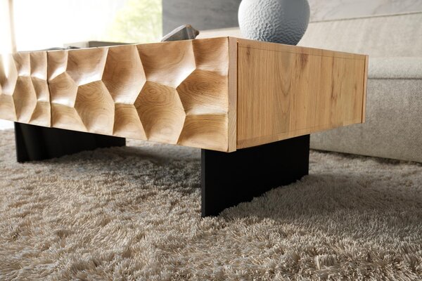 DELIFE Konferenční stolek Solu 120x70 cm dub přírodní 4 zásuvky závěsná podnož kov černá 3D čelo