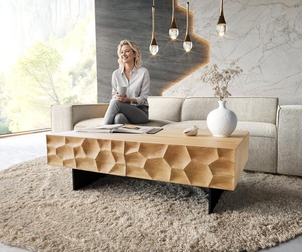 DELIFE Konferenční stolek Solu 120x70 cm dub přírodní 4 zásuvky závěsná podnož kov černá 3D čelo