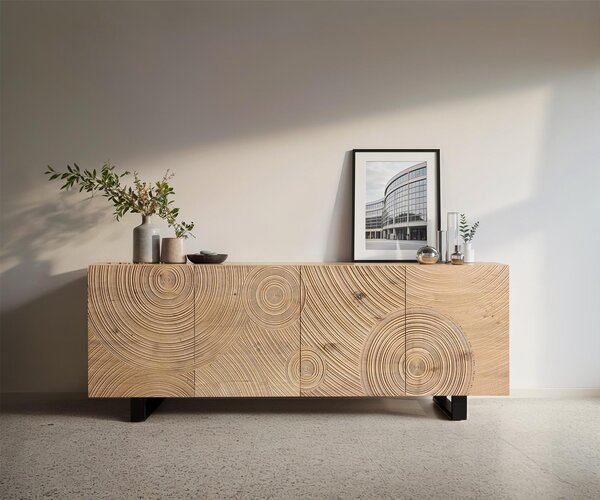 DELIFE Komoda Ashara 200 cm dub přírodní 3D efekt 4 dvířka kovová podnož černá