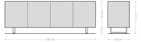 DELIFE Komoda Ashara 200 cm dub přírodní 3D efekt 4 dvířka kovová podnož černá