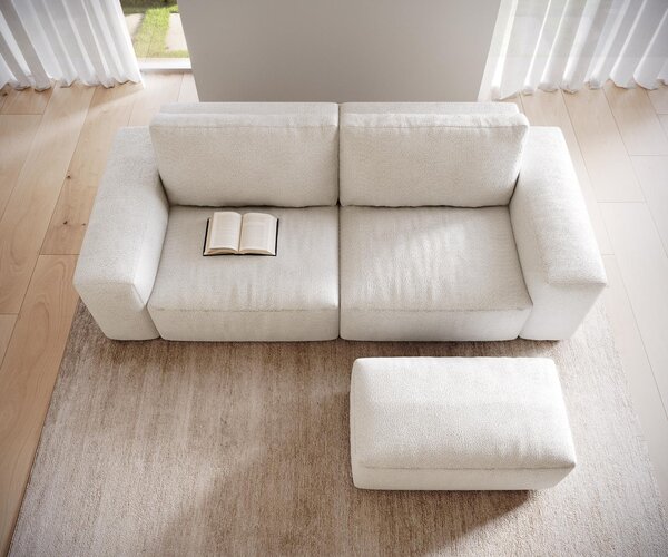 DELIFE Pohovka XL Lanzo 230x95 cm bouclé krémovo-bílá s taburetem