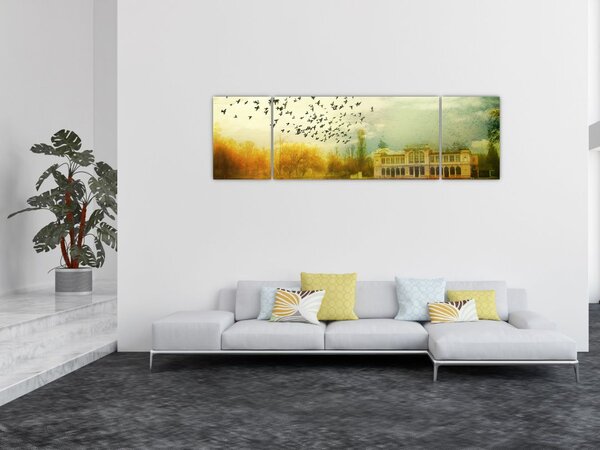 Obraz malované krajiny se sídlem (170x50 cm)