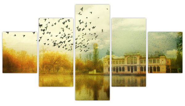 Obraz malované krajiny se sídlem (125x70 cm)