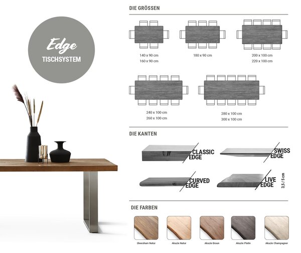 DELIFE Jídelní stůl Edge 200x100 akácie přírodní nerezová ocel úzký švýcarská hrana
