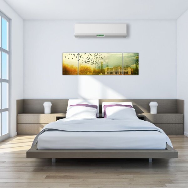 Obraz malované krajiny se sídlem (170x50 cm)