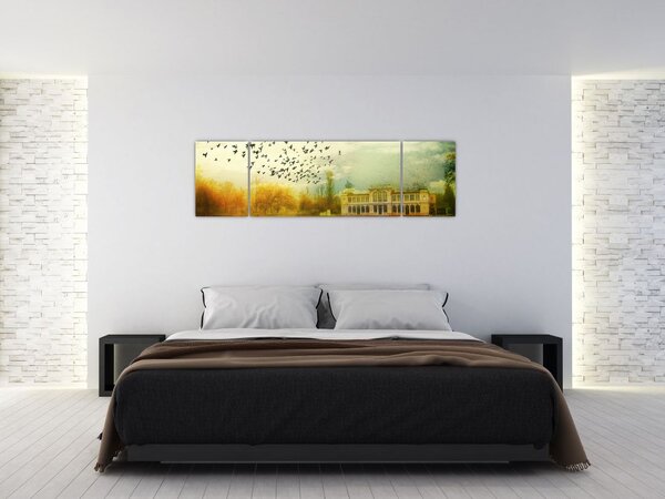 Obraz malované krajiny se sídlem (170x50 cm)