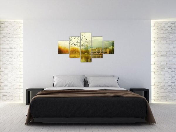 Obraz malované krajiny se sídlem (125x70 cm)